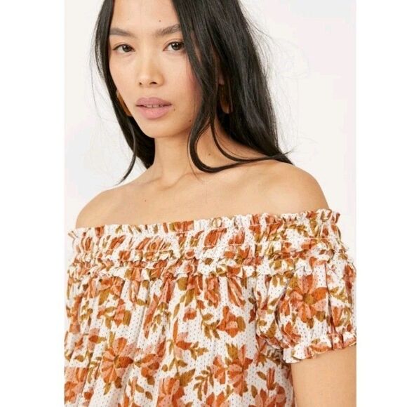 Free People FP One Suki Blouse Sz L Off Shoulder Two Way Top Orange Floral Print - Picture 5 of 11